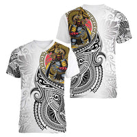 Japanese Samurai Warrior Women V-Neck T-Shirt White Polynesian Tattoo Style LT9 - Polynesian Pride