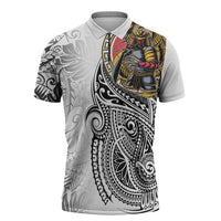 Japanese Samurai Warrior Zipper Polo Shirt White Polynesian Tattoo Style - Polynesian Pride
