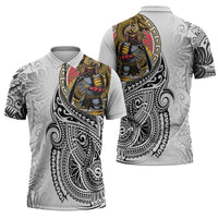 Japanese Samurai Warrior Zipper Polo Shirt White Polynesian Tattoo Style - Polynesian Pride