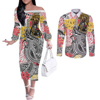 Japanese Samurai Warrior Couples Matching Off The Shoulder Long Sleeve Dress and Long Sleeve Button Shirt Colorful Polynesian Tattoo Style