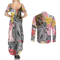 Japanese Samurai Warrior Couples Matching Summer Maxi Dress and Long Sleeve Button Shirt Colorful Polynesian Tattoo Style