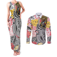 Japanese Samurai Warrior Couples Matching Tank Maxi Dress and Long Sleeve Button Shirt Colorful Polynesian Tattoo Style