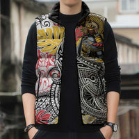 Japanese Samurai Warrior Sleeveless Puffer Jacket Colorful Polynesian Tattoo Style - Polynesian Pride