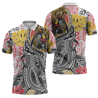 Japanese Samurai Warrior Zipper Polo Shirt Colorful Polynesian Tattoo Style - Polynesian Pride