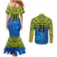 Solomon Islands Rugby Custom Couples Matching Mermaid Dress and Long Sleeve Button Shirt Simple Coat of arm Polynesian Pattern