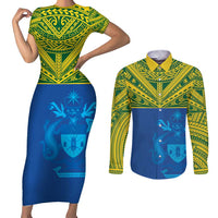 Solomon Islands Rugby Custom Couples Matching Short Sleeve Bodycon Dress and Long Sleeve Button Shirt Simple Coat of arm Polynesian Pattern