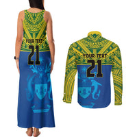 Solomon Islands Rugby Custom Couples Matching Tank Maxi Dress and Long Sleeve Button Shirt Simple Coat of arm Polynesian Pattern