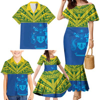 Solomon Islands Rugby Custom Family Matching Mermaid Dress and Hawaiian Shirt Simple Coat of arm Polynesian Pattern