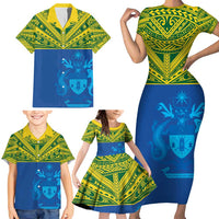 Solomon Islands Rugby Custom Family Matching Short Sleeve Bodycon Dress and Hawaiian Shirt Simple Coat of arm Polynesian Pattern