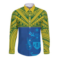 Solomon Islands Rugby Custom Long Sleeve Button Shirt Simple Coat of arm Polynesian Pattern