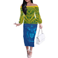 Solomon Islands Rugby Custom Off The Shoulder Long Sleeve Dress Simple Coat of arm Polynesian Pattern