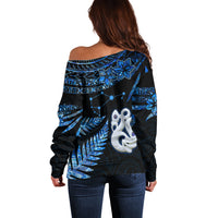 Matariki New Zealand Off Shoulder Sweater Maori Manaia with Paua Shell - Blue LT9 - Polynesian Pride