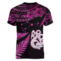 New Zealand Women V Neck T Shirt Matariki NZ Manaia with Paua Shell - Pink LT9 - Polynesian Pride