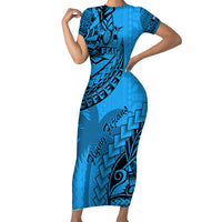 Fiji Rugby Short Sleeve Bodycon Dress Kaiviti Fijian Tribal World Cup Blue No1 LT9 Long Dress Blue - Polynesian Pride