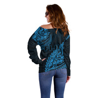 Fiji Rugby Off Shoulder Sweater Kaiviti Fijian Tribal World Cup Blue No2 LT9 - Polynesian Pride
