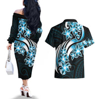 Plumeria Tribal Tattoo Couples Matching Off The Shoulder Long Sleeve Dress and Hawaiian Shirt Blue Polynesian Pattern