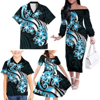 Plumeria Tribal Tattoo Family Matching Off The Shoulder Long Sleeve Dress and Hawaiian Shirt Blue Polynesian Pattern