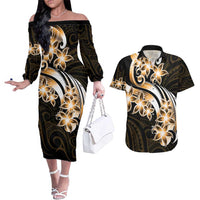 Plumeria Tribal Tattoo Couples Matching Off The Shoulder Long Sleeve Dress and Hawaiian Shirt Gold Polynesian Pattern