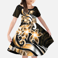 Plumeria Tribal Tattoo Family Matching Off Shoulder Maxi Dress and Hawaiian Shirt Gold Polynesian Pattern