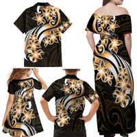 Plumeria Tribal Tattoo Family Matching Off Shoulder Maxi Dress and Hawaiian Shirt Gold Polynesian Pattern