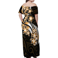 Plumeria Tribal Tattoo Family Matching Off Shoulder Maxi Dress and Hawaiian Shirt Gold Polynesian Pattern