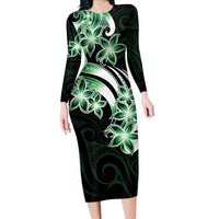 Plumeria Tribal Tattoo Long Sleeve Bodycon Dress Green Polynesian Pattern LT9 Long Dress Green - Polynesian Pride