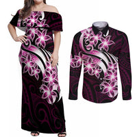 Plumeria Tribal Tattoo Couples Matching Off Shoulder Maxi Dress and Long Sleeve Button Shirt Pink Polynesian Pattern LT9 Pink - Polynesian Pride