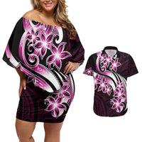 Plumeria Tribal Tattoo Couples Matching Off Shoulder Short Dress and Hawaiian Shirt Pink Polynesian Pattern