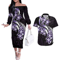 Plumeria Tribal Tattoo Couples Matching Off The Shoulder Long Sleeve Dress and Hawaiian Shirt Purple Polynesian Pattern
