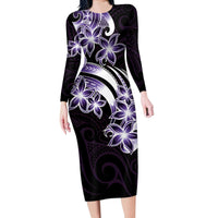 Plumeria Tribal Tattoo Long Sleeve Bodycon Dress Purple Polynesian Pattern LT9 Long Dress Purple - Polynesian Pride