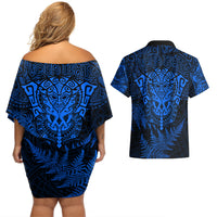 Personalised New Zealand Rugby Couples Matching Off Shoulder Short Dress and Hawaiian Shirt Silver Fern All Black Mix Ta Moko Blue Style LT9 - Polynesian Pride