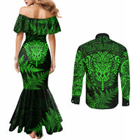 New Zealand Rugby Couples Matching Mermaid Dress and Long Sleeve Button Shirts Silver Fern All Black Mix Ta Moko Green Style LT9 - Polynesian Pride