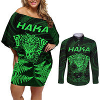 Personalised New Zealand Rugby Couples Matching Off Shoulder Short Dress and Long Sleeve Button Shirts Aotearoa Ka Mate Haka All Black Mix Ta Moko Green Style LT9 Green - Polynesian Pride
