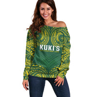 World Rugby Cook Islands Off Shoulder Sweater Green Polynesian Tribal Pattern - Polynesian Pride