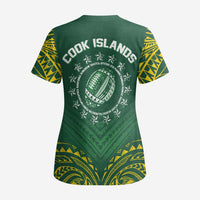 World Rugby Cook Islands Scrub Top Green Polynesian Tribal Pattern - Polynesian Pride