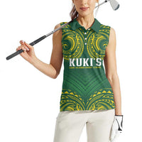World Rugby Cook Islands Women Sleeveless Polo Shirt Green Polynesian Tribal Pattern - Polynesian Pride