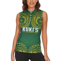 World Rugby Cook Islands Women Sleeveless Polo Shirt Green Polynesian Tribal Pattern - Polynesian Pride