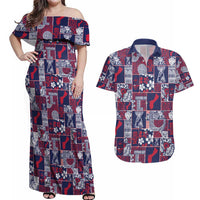 Guam Felis Pasgua Couples Matching Off Shoulder Maxi Dress and Hawaiian Shirt Pacific Patchwork Xmas Vibes LT9 Blue - Polynesian Pride