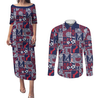 Guam Felis Pasgua Couples Matching Puletasi and Long Sleeve Button Shirt Pacific Patchwork Xmas Vibes LT9 Blue - Polynesian Pride