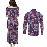 Guam Felis Pasgua Couples Matching Puletasi and Long Sleeve Button Shirt Pacific Patchwork Xmas Vibes LT9 - Polynesian Pride