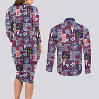 Manuia le Kerisimasi American Samoa Couples Matching Long Sleeve Bodycon Dress and Long Sleeve Button Shirt Pacific Patchwork Xmas Vibes - Polynesian Pride