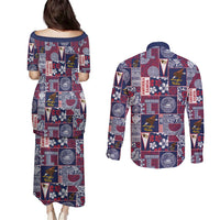 Manuia le Kerisimasi American Samoa Couples Matching Puletasi and Long Sleeve Button Shirt Pacific Patchwork Xmas Vibes - Polynesian Pride