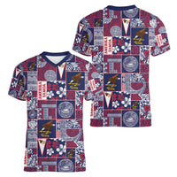 Manuia le Kerisimasi American Samoa Women V-Neck T-Shirt Pacific Patchwork Xmas Vibes - Polynesian Pride