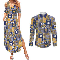 Ekamawir omo Nauru Couples Matching Summer Maxi Dress and Long Sleeve Button Shirt Pacific Patchwork Xmas Vibes - Polynesian Pride