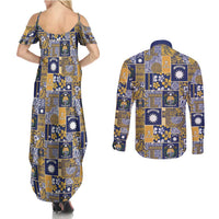 Ekamawir omo Nauru Couples Matching Summer Maxi Dress and Long Sleeve Button Shirt Pacific Patchwork Xmas Vibes - Polynesian Pride