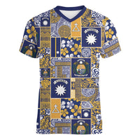 Ekamawir omo Nauru Women V-Neck T-Shirt Pacific Patchwork Xmas Vibes - Polynesian Pride