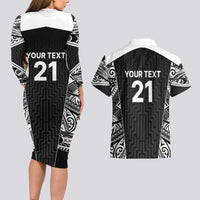 New Zealand Black Fern Custom Couples Matching Long Sleeve Bodycon Dress and Hawaiian Shirt Maori Tukutuku Black-white Motif