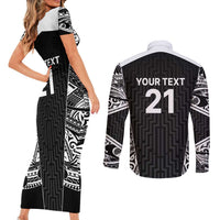 New Zealand Black Fern Custom Couples Matching Short Sleeve Bodycon Dress and Long Sleeve Button Shirt Maori Tukutuku Black-white Motif