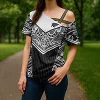 New Zealand Black Fern Custom Cross Shoulder Shirt Maori Tukutuku Black-white Motif - Polynesian Pride
