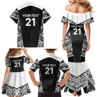 New Zealand Black Fern Custom Family Matching Mermaid Dress and Hawaiian Shirt Maori Tukutuku Black-white Motif